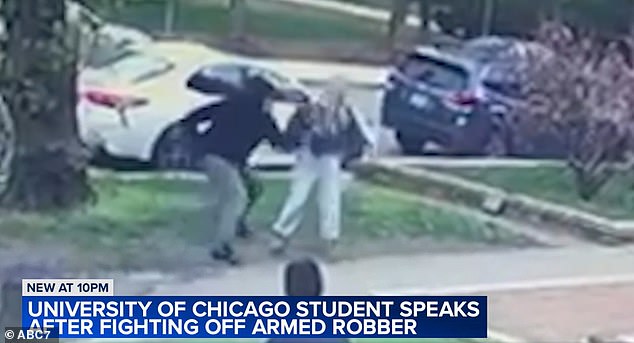 A University of Chicago student bravely fought off an attacker by grabbing his gun after three students were assaulted minutes apart on one of the busiest blocks near campus on Wednesday.