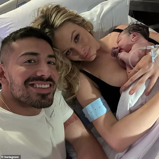 Simone Holtznagel (right) has revealed that she made sure she felt good about herself when she headed to the delivery room.  Last month, Simone welcomed her first child with her boyfriend and personal trainer, Jono Castano (left).