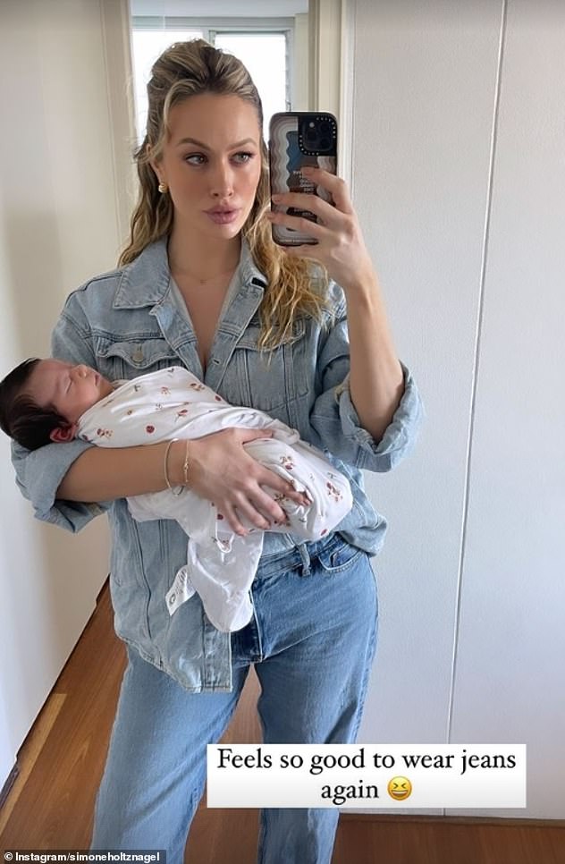 Simone Holtznagel (pictured) is enjoying life as a new mom.  The model welcomed her first child, a daughter named Gia, with her boyfriend Jono Castaño on Easter Sunday.