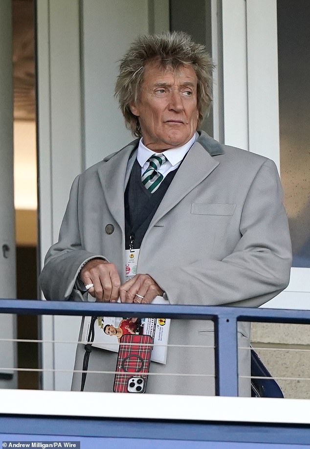 Sir Rod Stewart spent some quality time with his children on Saturday while watching the semi-final match between Aberdeen and Celtic in Glasgow.