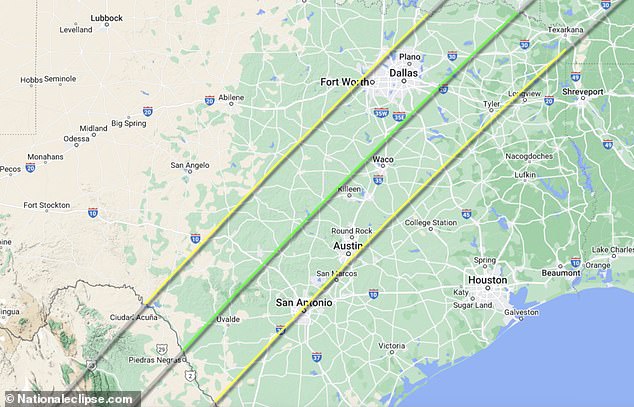 The yellow lines represent the path where people will be able to view the solar eclipse on April 8, while the green line shows locations directly below the path of totality, or places that could experience darkness.
