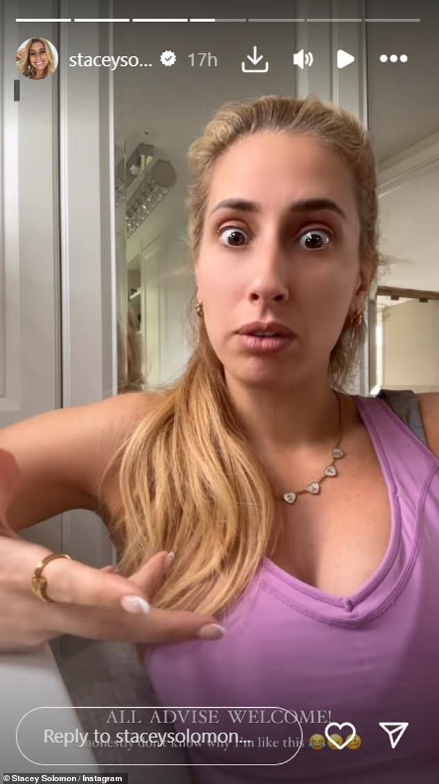 Stacey Solomon revealed she hurt herself in the kitchen on Saturday while asking her fans for health advice on Instagram.