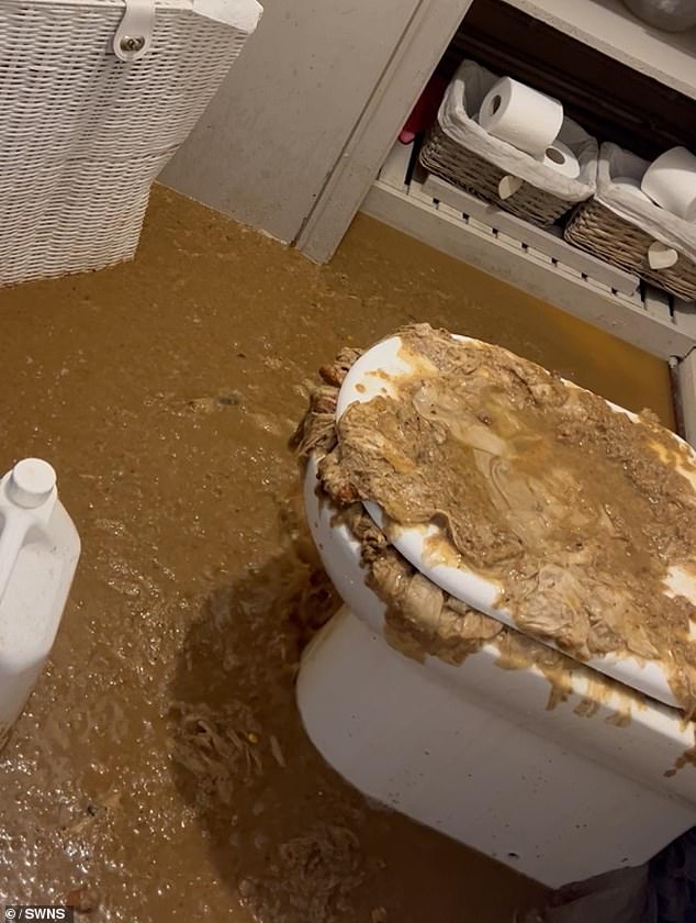 This is the shocking moment a mum's toilet overflows with sewage, leaving her with a £30,000 bill and unable to live at home.