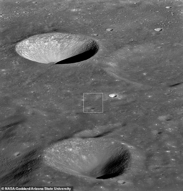 This image shows Danuri in the white box.  The large bowl-shaped crater visible in the upper left is 12 kilometers wide.
