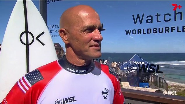 The 52-year-old surfing legend was struggling to contain his emotions after being eliminated from the Margaret River Pro on Tuesday.