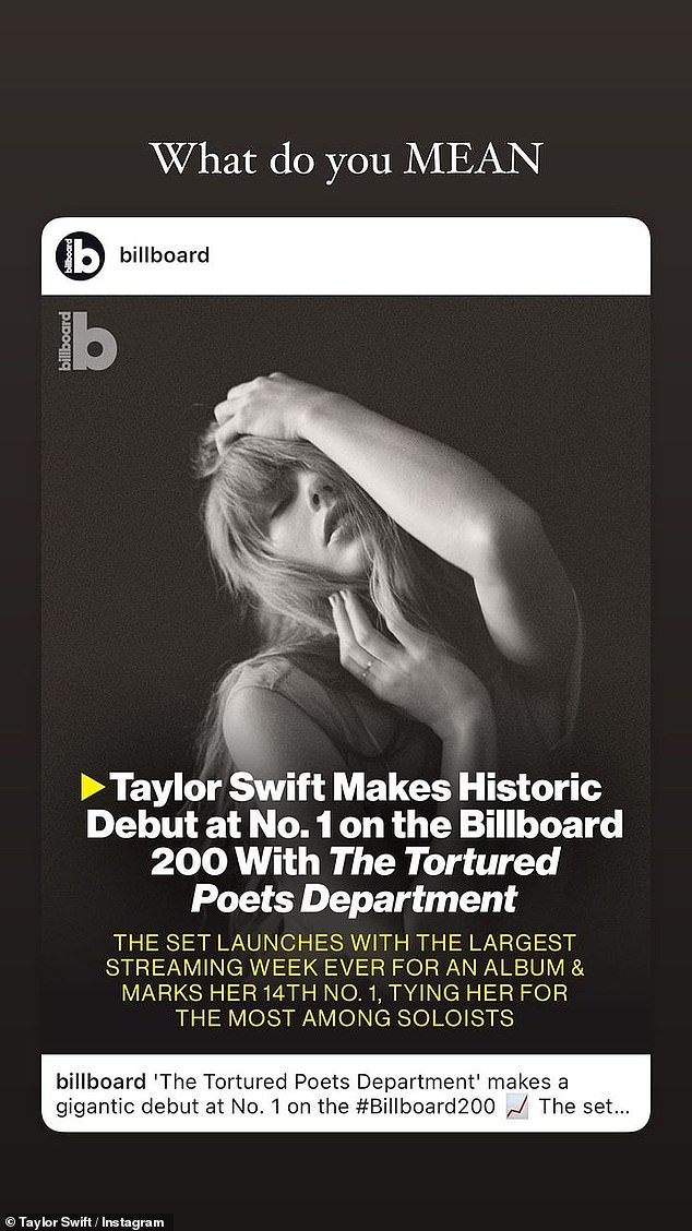 Taylor Swift celebrated the success of her new album, The Tortured Poets Department, by sharing posts on her Instagram account and Story on Sunday.