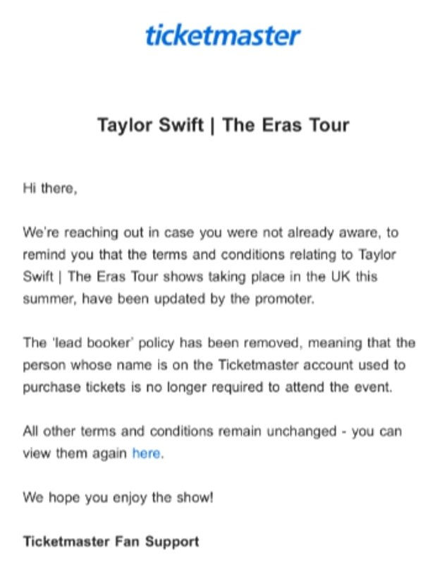 Ticketmaster sent an email update to ticket holders today with the news