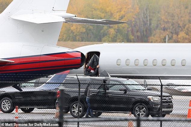 Taylor used his private jets during the Kansas City Chiefs season to watch Travis play.  She is seen boarding her jet in Kansas City in October 2023.