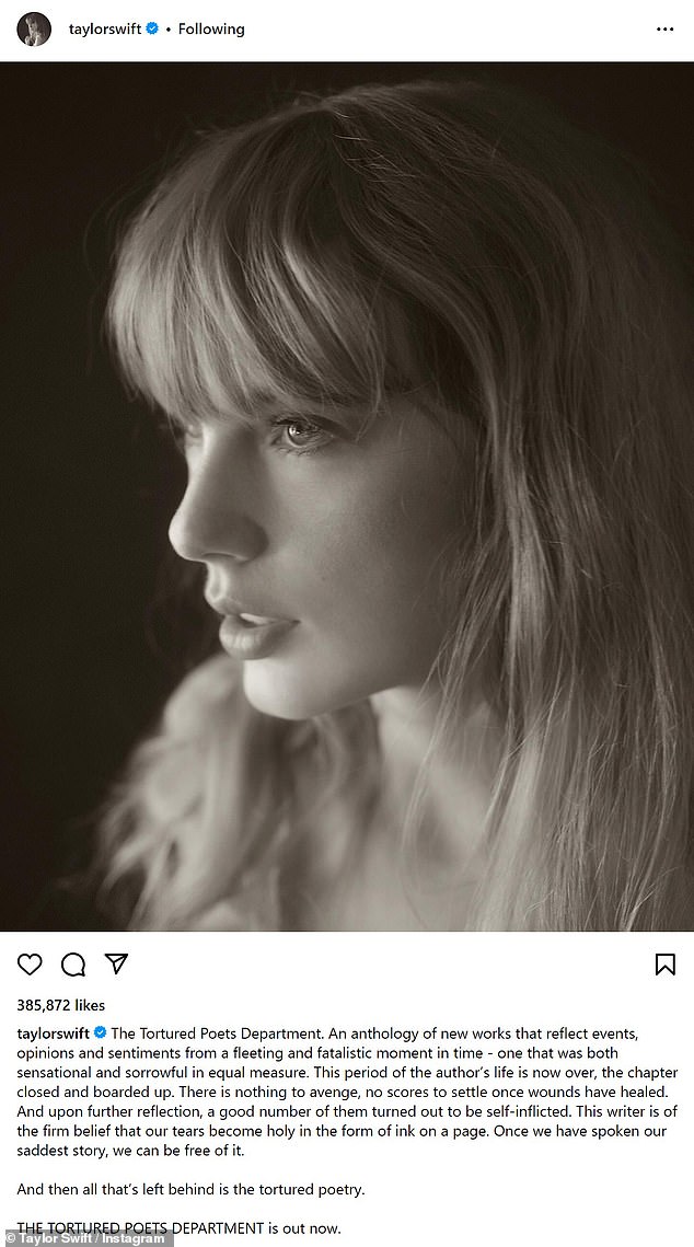 After Taylor Swift released her 11th studio album on Thursday night, she took to Instagram with a statement about how The Tortured Poets Department marks the turning of her personal page.