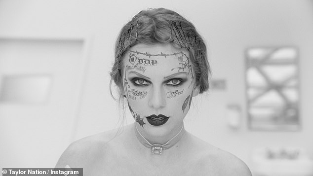 Taylor Swift's highly anticipated music video for her first single Fortnight from her double album Tortured Poet's Department;  In another sneak peek, Posty shared a striking photo of Taylor sporting temporary tattoos that were exact replicas of her facial tattoos.