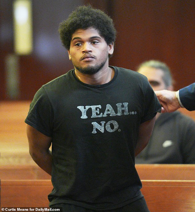 Halley Tejada appears in court in a 'Yes... no'.  t-shirt since he is accused of murder,
