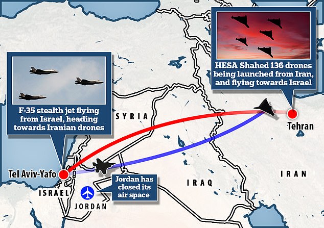 This is a look at the route Iran's strike force of 100 kamikaze drones will take to attack Israel.