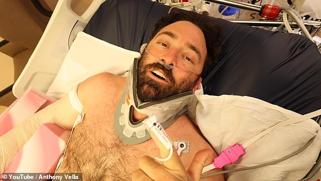 Anthony Vella suffered a broken neck, back and pelvis and a shattered right arm when his paramotor overturned and plummeted into the desert at 78km/h.
