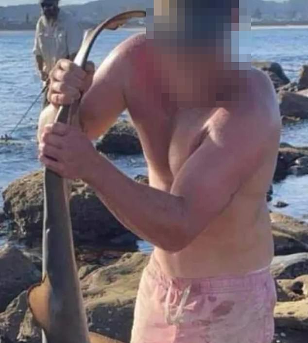 A local community was left furious after a man was caught on camera allegedly capturing and killing a critically endangered gray nurse shark (pictured).