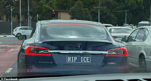The license plate of a Tesla seen in Adelaide (pictured) refers to internal combustion engine (ICE) vehicles, or vehicles that use gasoline.