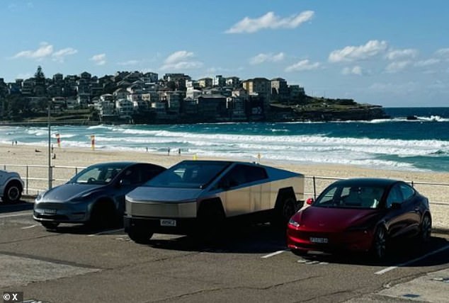 The shiny electrically charged vehicle was spotted at several Sydney landmarks including Bondi Beach (pictured).