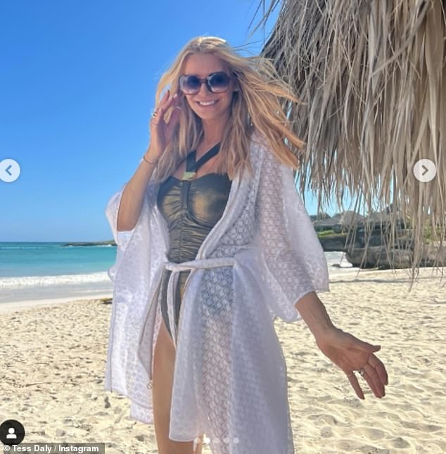 Tess Daly showed off her figure in a gold swimsuit as she shared snaps from her Easter holiday in the Dominican Republic on Monday.