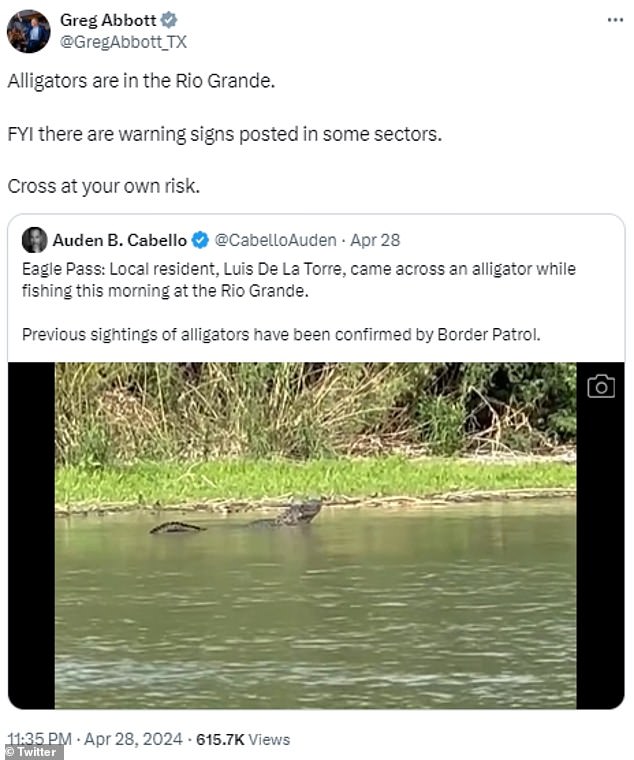 Texas Governor Greg Abbott issued his grim warning Sunday after local resident Luis De La Torre filmed the 15-foot alligator in Eagle Pass.