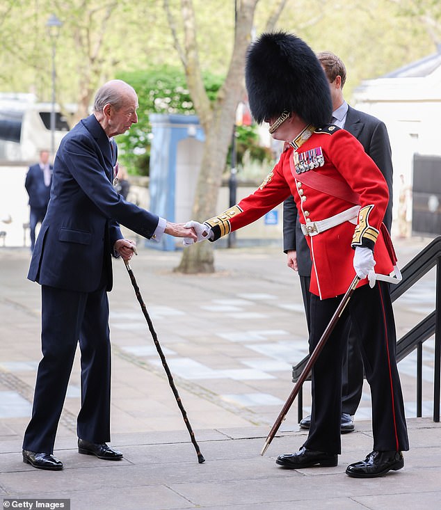 The late Queen's cousin, 88, attended the memorial event, marking his last official engagement as a colonel in the Scots Guards (pictured: The Duke greets the King's Guard).