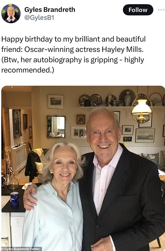 Film fans were left in awe on Thursday after youthful-looking Hayley Mills celebrated her 78th birthday in style with her old friend, This Morning star Gyles Brandreth.