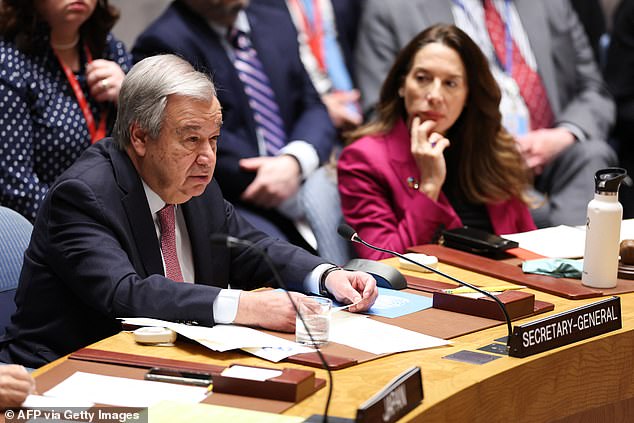 United Nations Secretary-General Antonio Guterres (L) delivers the keynote address during a UN Security Council meeting on the situation in the Middle East.