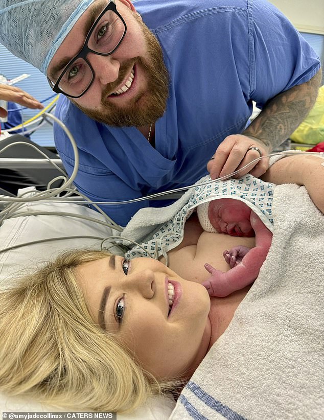 Amy and Matthew are pictured in hospital after giving birth to their second child, Albie.