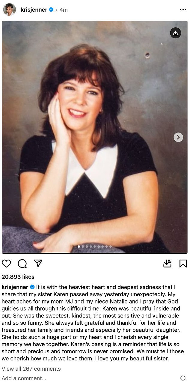 The cause of death of Kris Jenner's younger sister, Karen Houghton, was cardiac arrest and a sudden cardiac arrhythmia.