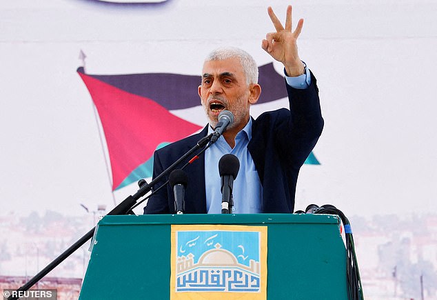 Yahya Al-Sinwar, head of the Palestinian Islamist movement Hamas in the Gaza Strip, speaks during a rally to mark the annual Al-Quds Day, in Gaza, April 14, 2023.