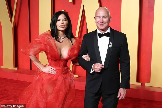 After a friend showed him a photo of Bezos and highlighted their similarities, Halicilar began emulating the Amazon founder's bald look.  Pictured: Jeff Bezos with Lauren Sanchez at the Vanity Fair 2024 Oscar Party in March