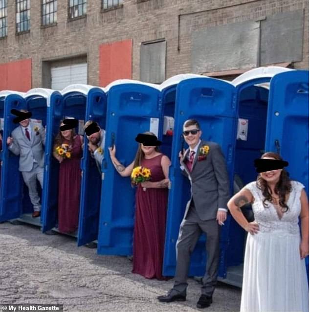Most people choose to be in nature for their wedding photo shoot, but one unconventional bride and groom chose to take their photos next to portable toilets.