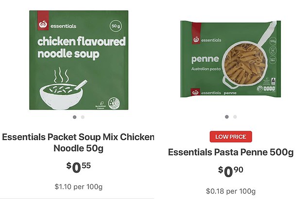 One mother revealed that her favorite food when times are tough is a packet of Woolworths brand penne pasta (90 cents) and two packets of chicken flavored noodle soup (55 cents each).
