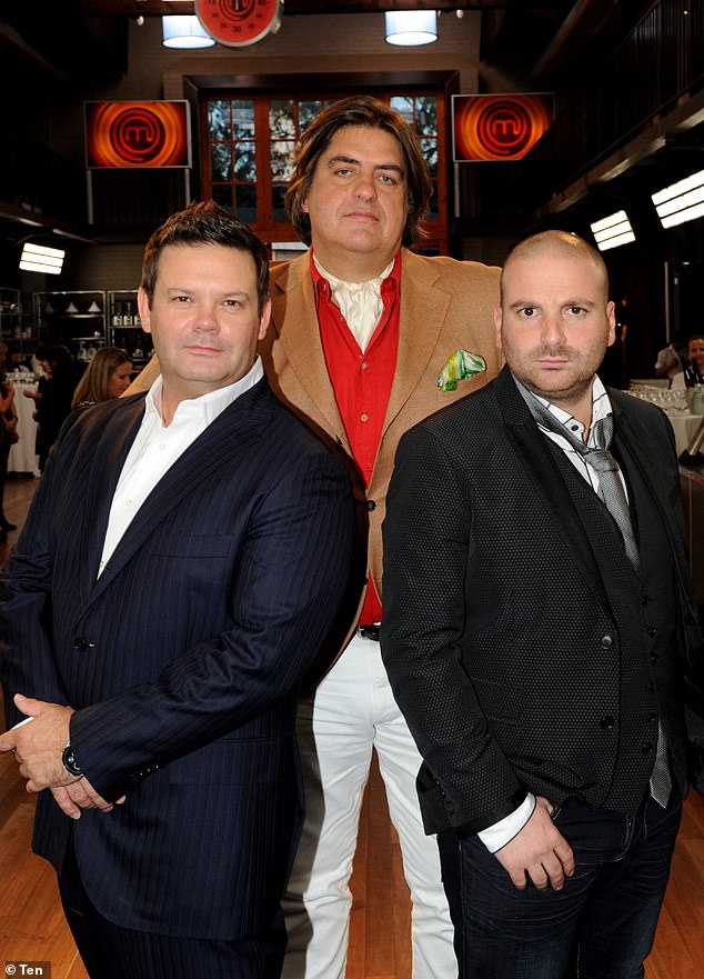 Former MasterChef stars Gary Mehigan, George Calombaris and Matt Preston reunite for a special occasion.  Everything in the photo