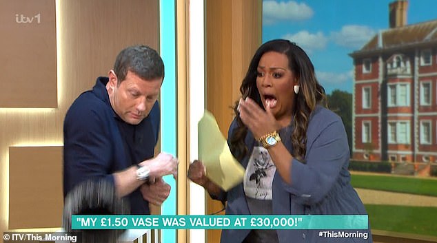 The TV presenter, 49, was left screaming after believing Dermot had smashed a vase worth £30,000 on Antiques Roadshow.