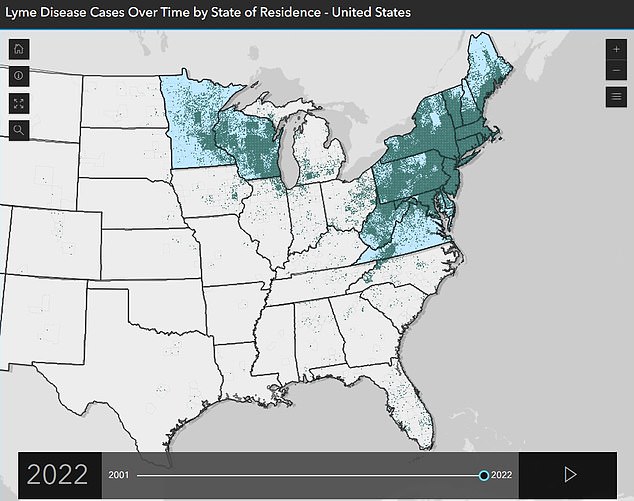 The map above shows where cases of Lyme disease were reported in the US in 2022