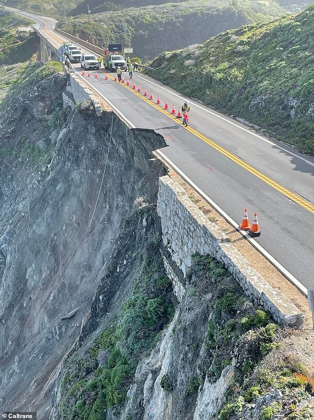 A piece of the southbound lane of Highway 1 and the stone barrier along the cliff's edge fell into the water Saturday afternoon.