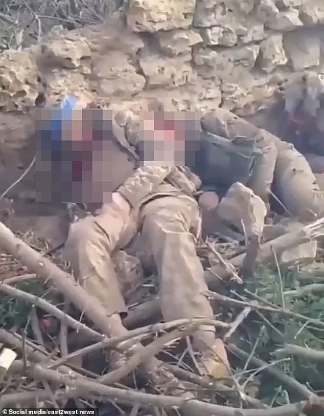 The images, which are too graphic for MailOnline to share, are alleged to show Russian military personnel in Krynky shooting dead unarmed, motionless soldiers with what appear to be assault rifles.