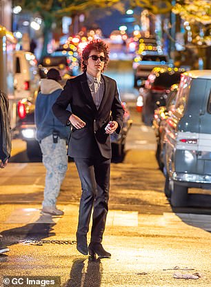 Timothee Chalamet was seen in character again while filming his Bob Dylan biopic, A Complete Unknown.