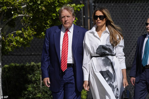 Donald Trump and former first lady Melania in Palm Beach, FL, on March 19.  The former first lady is expected to attend the former president's fundraiser Saturday night at Mar-a-Lago.