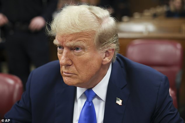 Former US President and Republican presidential candidate Donald Trump looks on in Manhattan Criminal Court during his trial for allegedly covering up money payments linked to extramarital affairs in New York, US, on April 22, 2024.