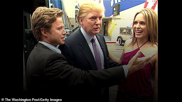 In the Access Hollywood video from 2005, Donald Trump prepares for an appearance on 'Days of Our Lives' with actress Arianne Zucker (right).  He is joined on set by Access Hollywood host Billy Bush (left).