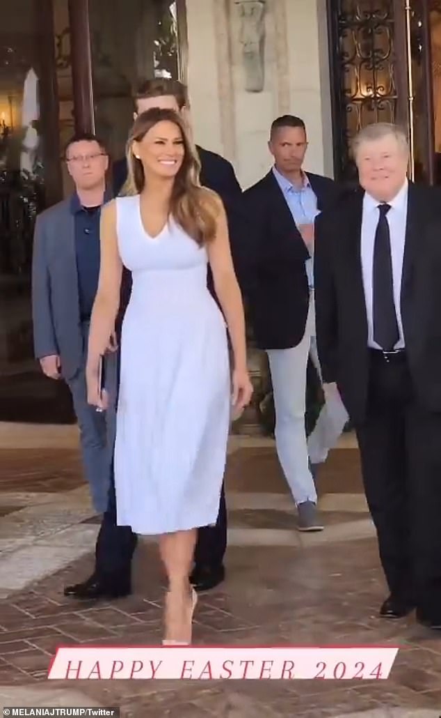 The Trump family stepped out in their holiday best at Mar-a-Lago on Sunday, with Melania accompanying the couple's 6-foot-7 son Barron and Donald spending quality time with his grandchildren.