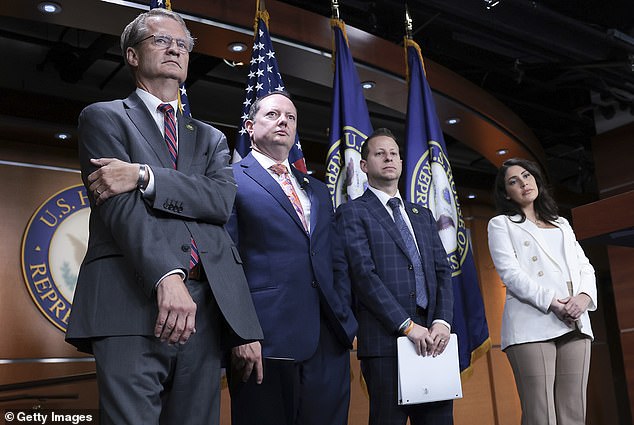 Above, Rep. Tim Burchett (left) with Rep. Eric Burlison, a member of the UAP Caucus, during a press conference held by members of the House Oversight Committee prior to a public hearing on UFOs last July.  Both congressmen have compared UFOs to biblical entities over the past year.
