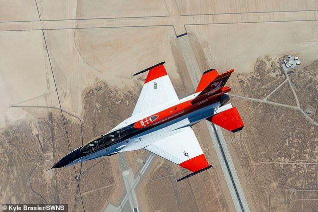 A manned F-16 took on the X-62A VISTA, seen here, flying in the skies over Edwards Air Force Base, California.