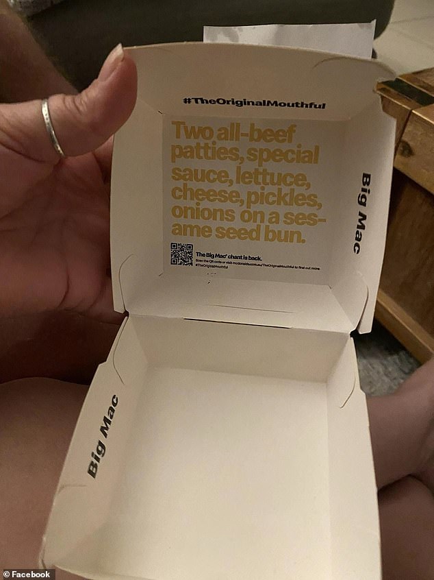 The empty Big Mac box (pictured) was delivered to customer Mel, via Uber Eats, after all burger items were cancelled.