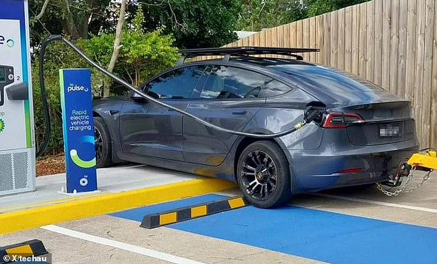 The image shared on social media showed that the Tesla was well beyond the perimeters of the bay, and most of the car had climbed onto the sidewalk in front.