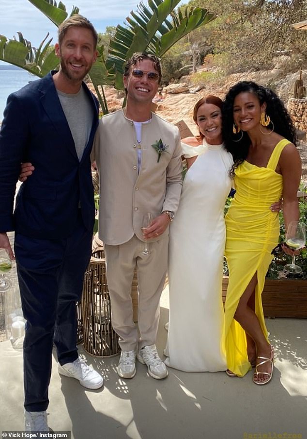 Vick Hope and Calvin Harris looked happier than ever at BBC Radio 1 DJ Arielle Free's wedding to George Pritchard in Ibiza, Spain, on Thursday.
