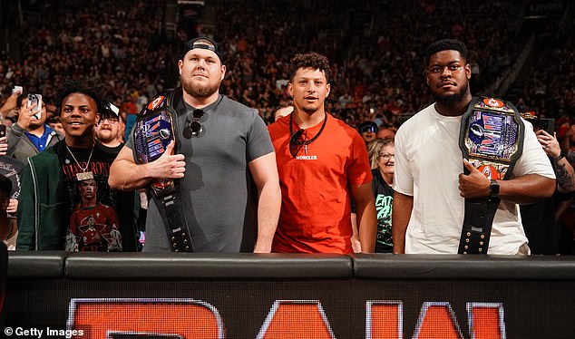 Patrick Mahomes with Chiefs teammates Creed Humphrey and Trey Smit on WWE Raw, Monday