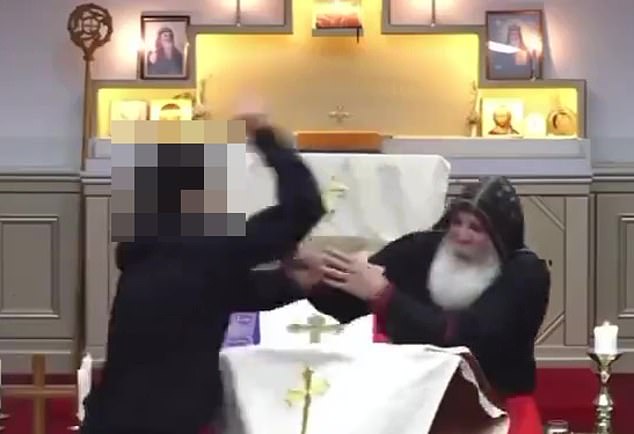 The 16-year-old, who cannot be named for legal reasons, allegedly stabbed Bishop Mar Mari Emmanuel while he was delivering a live-streamed sermon in front of parishioners at Christ the Good Shepherd Church in Wakeley, western Sydney, on Monday, April 15.  after 7 pm (pictured).  He was subsequently accused of committing a terrorist act.