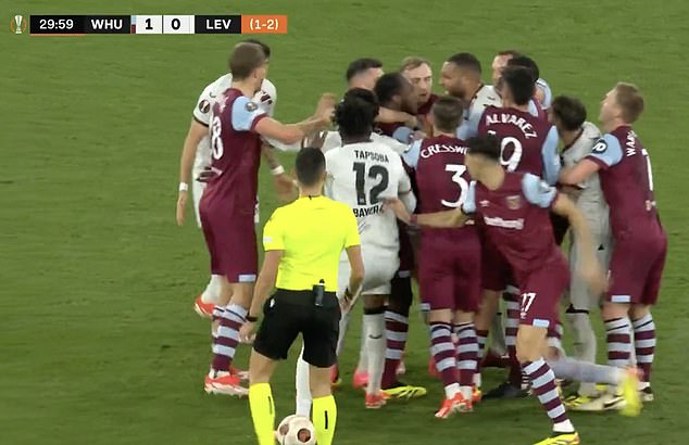 West Ham and Bayer Leverkusen players brawled on the pitch after Billy McKinlay was red carded