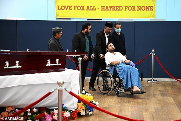 Westfield security guard Muhammad Taha left his hospital bed Friday to attend the funeral of his colleague Faraz Tahir.